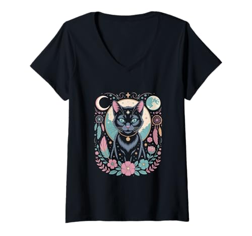 Damen Goth Katze Mond Mondphase Traumfänger Cottagecore Pastel T-Shirt mit V-Ausschnitt Damen Goth Katze Mond Mondphase Traumfänger Cottagecore Pastel T-Shirt mit V-Ausschnitt von aesthetic gothic pastel & grunge outfits