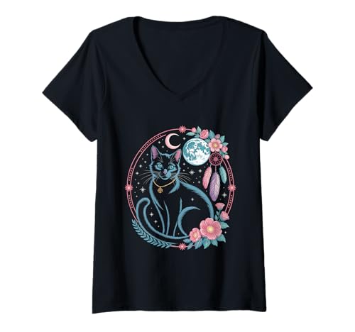Damen Goth Katze Mond Mondphase Traumfänger Cottagecore Pastel T-Shirt mit V-Ausschnitt von aesthetic gothic pastel & grunge outfits
