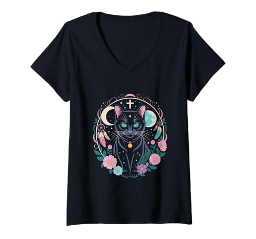 Damen Goth Katze Mond Mondphase Traumfänger Cottagecore Pastel T-Shirt mit V-Ausschnitt von aesthetic gothic pastel & grunge outfits