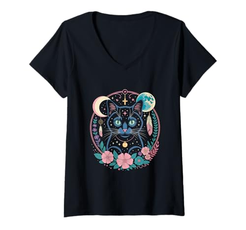 Damen Goth Katze Mond Mondphase Traumfänger Cottagecore Pastel T-Shirt mit V-Ausschnitt von aesthetic gothic pastel & grunge outfits