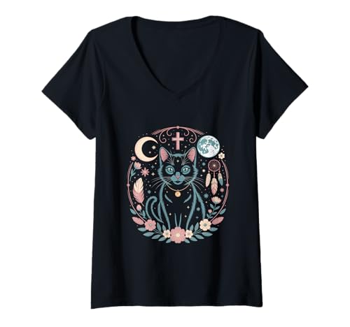 Damen Goth Katze Mond Mondphase Traumfänger Cottagecore Pastel T-Shirt mit V-Ausschnitt von aesthetic gothic pastel & grunge outfits