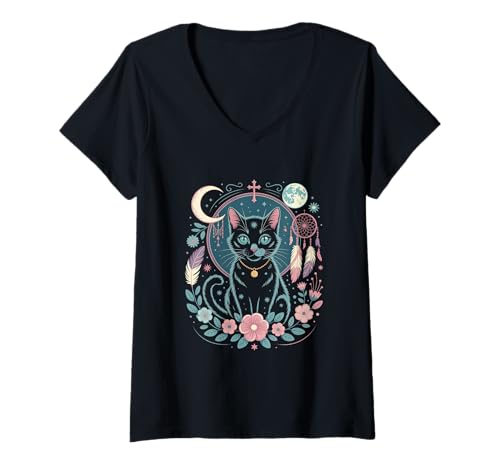 Damen Goth Katze Mond Mondphase Traumfänger Cottagecore Pastel T-Shirt mit V-Ausschnitt von aesthetic gothic pastel & grunge outfits