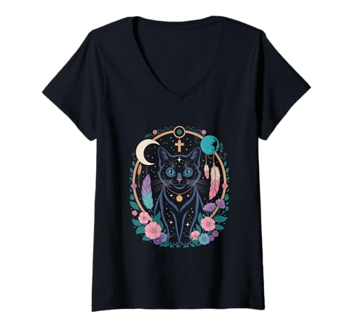 Damen Goth Katze Mond Mondphase Traumfänger Cottagecore Pastel T-Shirt mit V-Ausschnitt von aesthetic gothic pastel & grunge outfits