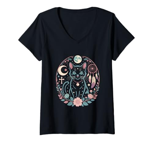 Damen Goth Katze Mond Mondphase Traumfänger Cottagecore Pastel T-Shirt mit V-Ausschnitt von aesthetic gothic pastel & grunge outfits