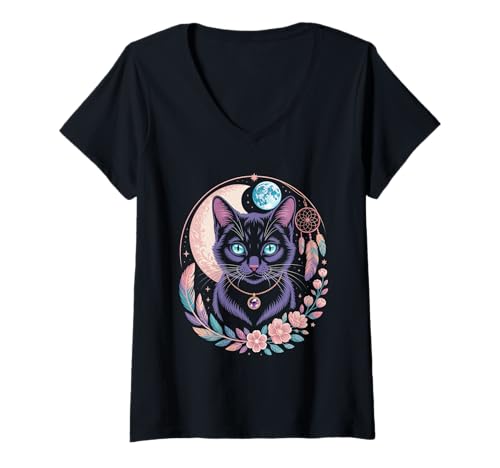 Damen Goth Katze Mond Mondphase Traumfänger Cottagecore Pastel T-Shirt mit V-Ausschnitt von aesthetic gothic pastel & grunge outfits