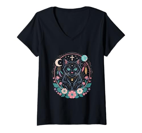 Damen Goth Katze Mond Mondphase Traumfänger Cottagecore Pastel T-Shirt mit V-Ausschnitt Damen Goth Katze Mond Mondphase Traumfänger Cottagecore Pastel T-Shirt mit V-Ausschnitt von aesthetic gothic pastel & grunge outfits
