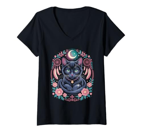 Damen Goth Katze Mond Mondphase Traumfänger Cottagecore Pastel T-Shirt mit V-Ausschnitt Damen Goth Katze Mond Mondphase Traumfänger Cottagecore Pastel T-Shirt mit V-Ausschnitt von aesthetic gothic pastel & grunge outfits