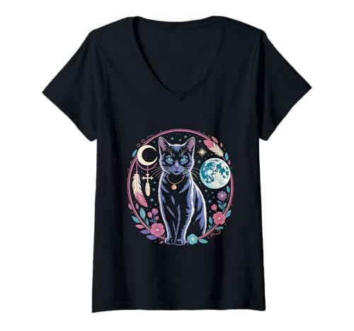 Damen Goth Katze Mond Mondphase Traumfänger Cottagecore Pastel T-Shirt mit V-Ausschnitt von aesthetic gothic pastel & grunge outfits