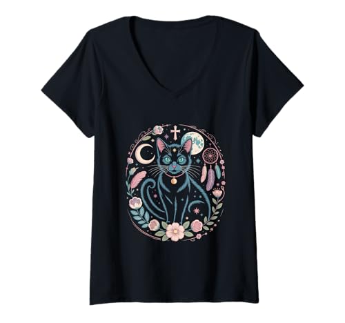 Damen Goth Katze Mond Mondphase Traumfänger Cottagecore Pastel T-Shirt mit V-Ausschnitt Damen Goth Katze Mond Mondphase Traumfänger Cottagecore Pastel T-Shirt mit V-Ausschnitt von aesthetic gothic pastel & grunge outfits
