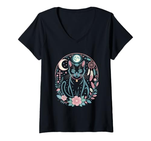 Damen Goth Katze Mond Mondphase Traumfänger Cottagecore Pastel T-Shirt mit V-Ausschnitt Damen Goth Katze Mond Mondphase Traumfänger Cottagecore Pastel T-Shirt mit V-Ausschnitt von aesthetic gothic pastel & grunge outfits
