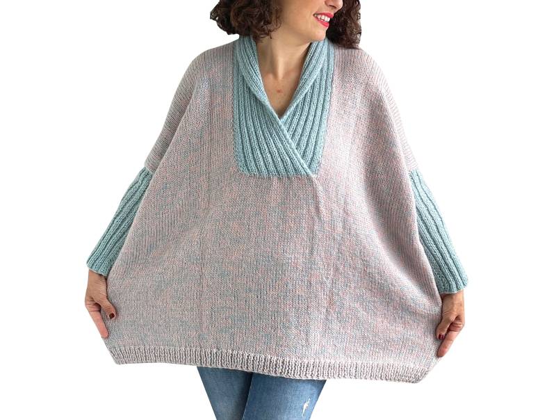 Plus Size Pullover, Oversize Loose Fit Boyfriend Wollpullover, Mohairpullover, Blau Und Rosa Blended von afra