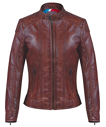 Agamaa Damen Lederjacke LIVIA – Moderner Bikerjacke Übergangsjacke Echtleder Frauen Jacke - Stehkragen mit Schnalle im Biker Look Cognac von Agamaa