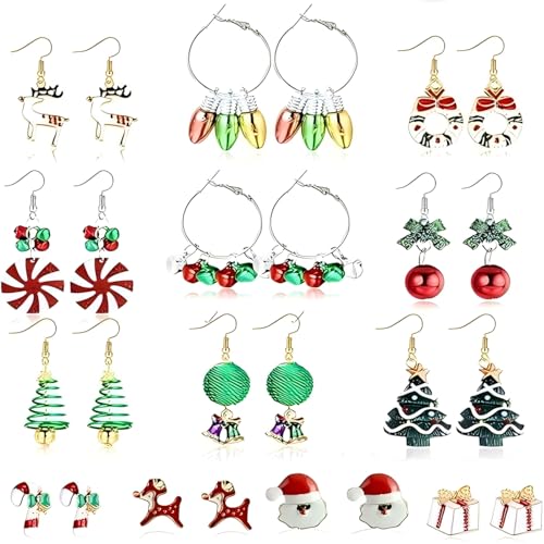 agctrler 13 Paar Ohrringe Weihnachten Set, Hängend Weihnachtsohrringe, Exquisit Mädchen Weihnachts Ohrringe Set, Schneeflocke Bogen Blume Elch Dangle von agctrler