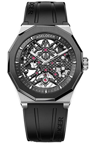 AGELOCER Herren Top Brand Schwarz Skelett Mechanisch Automatisch Leuchtend Kautschuk Armband Uhr, VX:6001B1-R, Mechanisch von agelocer