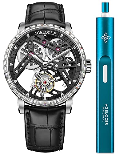 Agelocer Herren 9004E1 doppelseitige hohle transparente Gehäuseboden Tourbillon handbetriebene mechanische Uhr, Va: 9001e1, Riemen von agelocer