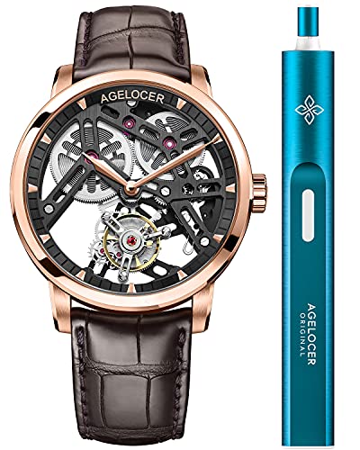 Agelocer Herren-Armbanduhr, doppelseitig, hohl, Tourbillon, handbetrieben, mechanisch, Leder (RI:9001D2), Ri:9001d2, Armband von agelocer
