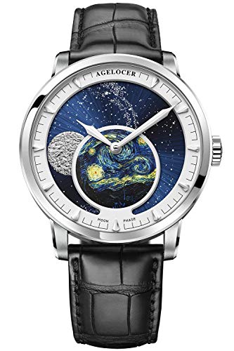 Agelocer Herren-Armbanduhr, echtes Diamant-Zifferblatt, blaue Mondphase, automatisch, mechanisch, Edelstahl, wasserdicht, Vu:6401a1, Mechanisch von agelocer