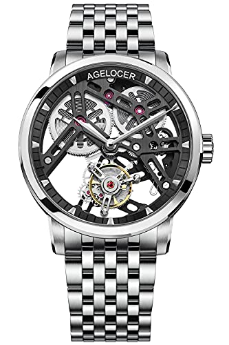 agelocer Herren-Armbanduhr, doppelseitig, hohl, Tourbillon, handbetrieben, mechanisch, Edelstahl, luxuriös, analog, Nk_9001a9, Armband von agelocer
