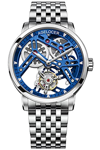 Agelocer Herren Top-Marke Doppelseitige Hohle Tourbillon Handbetriebene Mechanische Edelstahl Kleid Luxus Analog Uhr, Nk_9001e9, Armband von agelocer