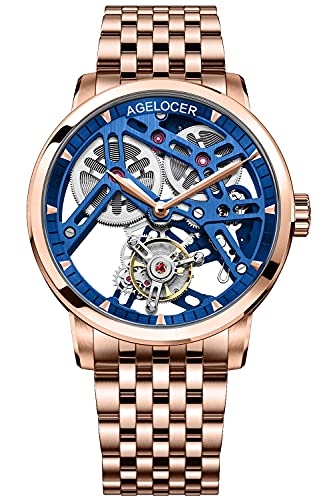 Agelocer Herren Top-Marke Doppelseitige Hohle Tourbillon Handbetriebene Mechanische Edelstahl Kleid Luxus Analog Uhr, Nk_9004e9, Armband von agelocer