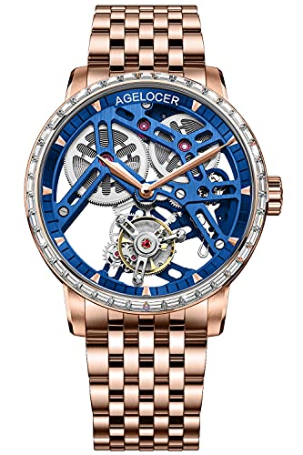 Agelocer Herren Top-Marke Doppelseitige Hohle Tourbillon Handbetriebene Mechanische Edelstahl Kleid Luxus Analog Uhr, Nk_9004f9, Armband von agelocer