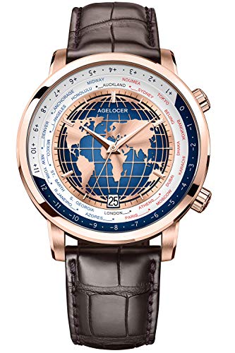 agelocer World Time Herren-Automatikuhr – 42 mm GMT-Funktion mit drehbarer Lünette, 80H Gangreserve, Saphirglas, 316L Stahlgehäuse und Krokodillederarmband, Lq_5201d2 von agelocer