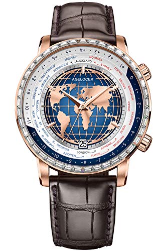 agelocer World Time Herren-Automatikuhr – 42 mm GMT-Funktion mit drehbarer Lünette, 80H Gangreserve, Saphirglas, 316L Stahlgehäuse und Krokodillederarmband (LQ_5201F2), Lq_5201f2 von agelocer