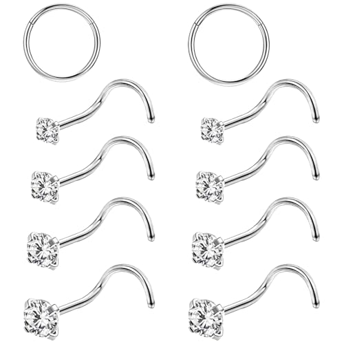 agogue 10 Stück Nasenpiercing Stecker, Silber Nasenring, Zirconia Nostril Piercing, Geeignet für Frauen und Männer von agogue