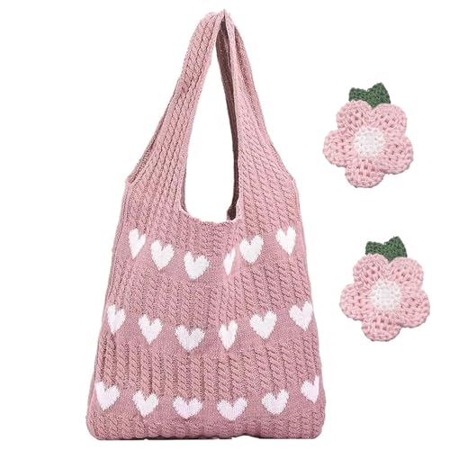 3 Stück Beach Bag Set, 1 Strick Strandtasche Damen and 2 Eine Rosa Blume, Crochet Bag Mit Süßem Herzmuster Tote Bags Gehäkelte Tasche The Tote Bags Für Einkäufe Und Den Alltag von agogue