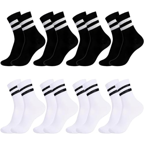 agogue 8 Paare Tennissocken Damen 39-42, Sportsocken Damen Baumwolle Socken, Damen Socken Streifen,Weiße Tennissocken Damen Warm Mid Tube für Büros Freizeit und Sport (4 Paar Schwarz+4 Paar Weiß) von agogue