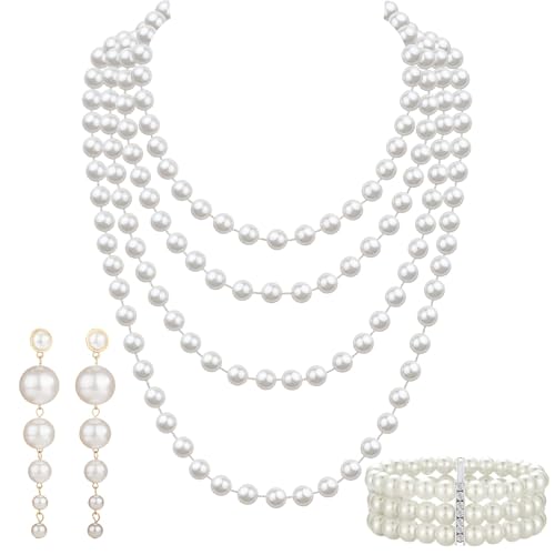 agogue 1 Stück Perlenkette Lang 1 Stück Perlenarmbänder und 1 Stück Ohrringe Perlen, Perlenkette Damen 3 Teiliges Set Retro Modeschmuck, Perlenarmband Damen Vintage Beads Set for Party Prom Wedding von agogue