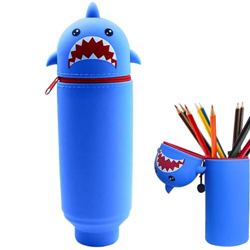 agogue Blau 2 in 1 Federmäppchen aus Weichem Silikon, Süßes Hai Stifte Mäppchen, Cartoon Bleistifttasche Stiftetasche Unisex Kosmetiktasche Stiftehalter, Niedliche Schulbedarf Geschenk für Kinder von agogue