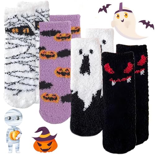 agogue 4 Paar Halloween Socken Set, Warme Flauschige Socken Fluffy Rutschfeste Slipper Hausschuhsocken Kuschelige Halloween Geschenk Damen Mädchen Geschenk Winter Warmes Schlafen von agogue