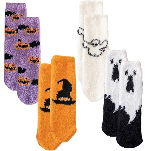 agogue 4 Paar Halloween Socken Set, Warme Flauschige Socken Kuschelige Halloween Geschenk Fluffy Rutschfeste Slipper Hausschuhsocken Damen Mädchen Geschenk Winter Warmes Schlafen von agogue