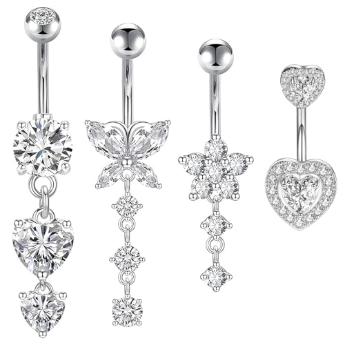 4 Stück Bauchnabelpiercing Silber, Piercing Lang, Bauchnabelpiercing Chirurgenstahl Schmetterling Blume Anhänger Piercing Bauchnabel Set für Damen von agogue