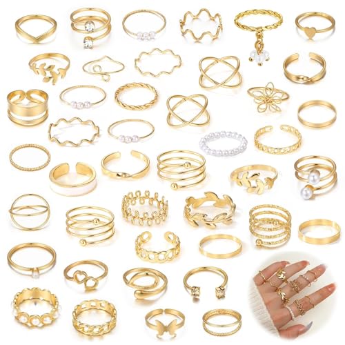 agogue 43 PCS Verstellbare Ring Gold Set, Schmuck Gold Rings Daumenringe Wasserfest Goldene Ringe Damenringe Set, Daumenring für Frauen Mädchen Modeschmuck von agogue
