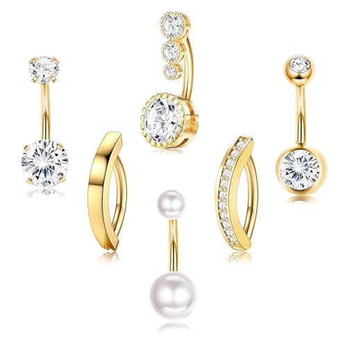 agogue 6 Stück Bauchnabelpiercing Gold, Mode Bauchnabelpiercing Chirurgenstahl, Belly Piercing Ring Reverse Curved Piercing Bauchnabel, Bauchnabel Geeignet für Damen Bauchnabel Set von agogue