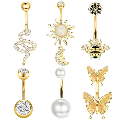 6 Stück Bauchnabelpiercing Gold Set, mit Schmetterling Schlange und Biene, Piercing Bauchnabel Helix Piercings Gold Bauchnabelpiercing, für besondere Anlässe und Herren Alltag und Damen von agogue