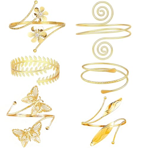 agogue 6 Stücke Oberarmreif Gold, Armreifen Gold Damen Oberarm, Oberarm Schmuck, Verstellbar und Minimalistisch Arm Manschette Armband Mit Geschmückter Strudel Wickelarmband Damen von agogue