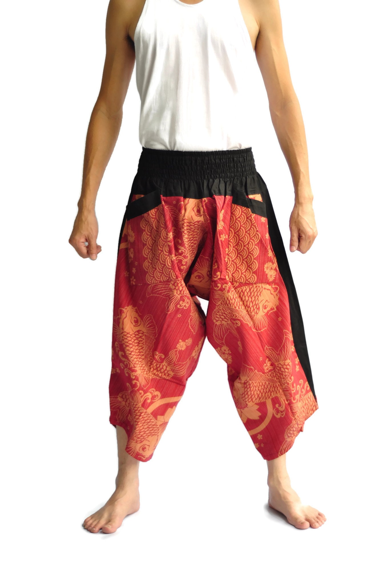 Haremshose Samuraihose Herren Fahion Yogahose Lässige Baumwollböden Fisch Lotus Rot Bleichmittel von ahappypants