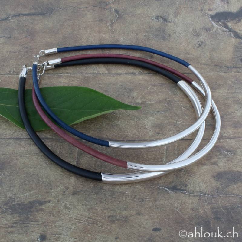Geschwungene Sterling Silber Schlauchkette, Lederband, Minimalist Handgemachter Schmuck von ahlouk