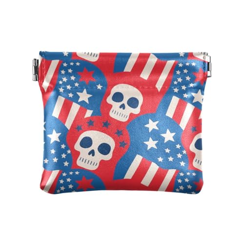 4. Juli Unabhängigkeitstag weißer Totenkopf Damen Leder Münzgeldbörse praktischer Schmuck für Männer Frauen Reisen von aidingzhi