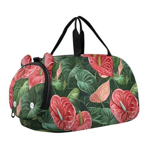 Anthurium Rot Grün Kunst Kinder Niedlich Turnbeutel mit Schuhfach Multifunktionale Sport Übernachtung Reisetasche für Jungen und Mädchen, Anthurium Rot Grün Kunst von aidingzhi