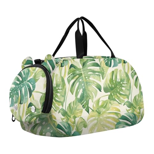 Aquarellfarben Monstera Deliciosa Blättermuster, Farbe zu Seegrün und Perlweiß-grünen Blättern und kleiner Turnbeutel mit Schuhfach, großes Fassungsvermögen, für Jungen und Mädchen, Aquarell Monstera von aidingzhi