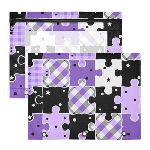 Binder-Federmäppchen, stabiler Stifthalter für 3 Ringe, 2 Stück, Studenten, Büro, Schwarz und Lila, kreatives Puzzle-Karomuster Binder-Federmäppchen, stabiler Stifthalter für 3 Ringe, 2 Stück, Studenten, Büro, Schwarz und Lila, kreatives Puzzle-Karomuster von aidingzhi