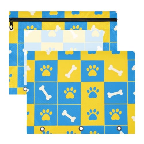 Bindertaschen, transparent, 3 Ringe, Tasche für A4-Papier, Briefe, 2 Stück, für Studenten, Lehrerbedarf, blaue und gelbe Pfotenabdrücke, Knochen von aidingzhi