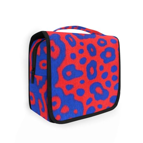 Blaue und rote Kosmetiktasche mit Leopardenmuster und Haken zum Aufhängen, wasserdichte Kosmetiktasche für Damen, mit Fächern und Griff Blaue und rote Kosmetiktasche mit Leopardenmuster und Haken zum Aufhängen, wasserdichte Kosmetiktasche für Damen, mit Fächern und Griff von aidingzhi