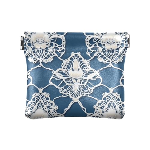 Blaue und weiße Spitze Blumen Frauen PU Leder Münzbörse Praktischer Münzhalter für Frauen, Blaue und weiße Spitzenblumen, Dekoration von aidingzhi