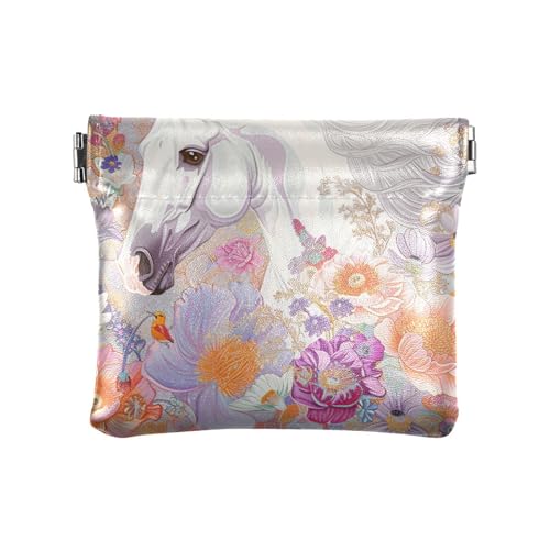 Boho Flower White Horse Floral Damen Leder Münzbörse Praktischer Kartenhalter für Männer Frauen Reisen von aidingzhi
