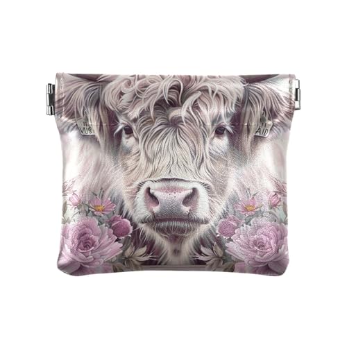 Boho Schottland Kuh Pfirsich Kleine Leder Münzbörse Fancy Change Geldbörse mit Verschluss für Frauen von aidingzhi